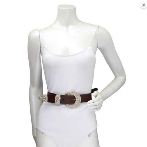 Vintage Le Chateau Leather Cowgirl Rhinestone Belt Bling Buckle Statement Brown - Picture 3 of 14